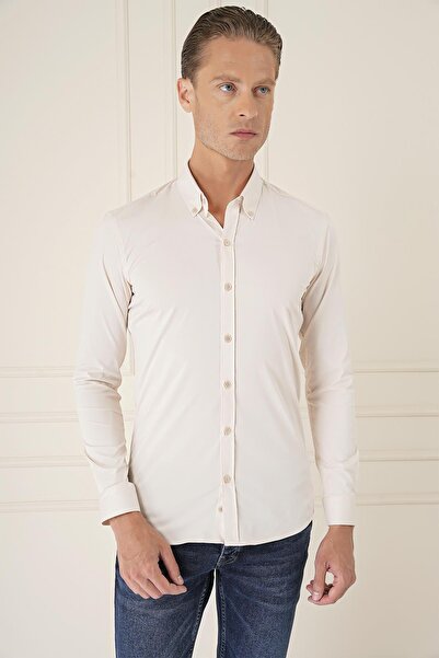 Efor Slim Fit Düğmeli Yaka Esnek Pamuk Klasik Bej Gömlek Gk 727