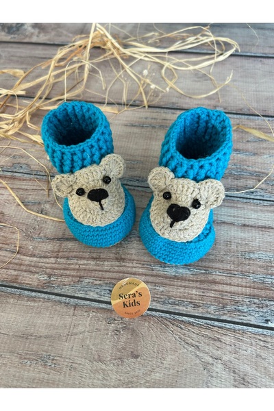 seraskids El Örgüsü Erkek Bebek Mavi Ayıcık Desenli Koton Bot Patik | Yumuşak...