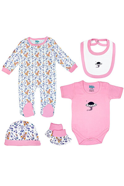 Babies Basic 5 piece Sets include Bib, Romper, Mittens, Cap and Sleepsuit, 6-9 Months , Pink