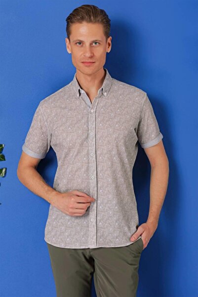 Efor Slim Fit Düğmeli Yaka Desenli Kısa Kol Pamuk Gri Gömlek G 1504