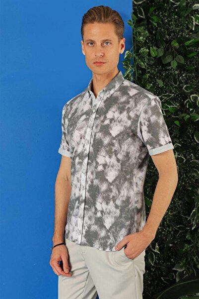 Efor Erkek Slim Fit Düğmeli Yaka Batik Desenli Kısa Kol Pamuk Gri Gömlek G 1502