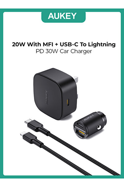 AUKEY Kit On The GO Bundle-II PD Charger 20W With MFI USB-C To Lightning Cable And PD 30W Car Charger Blac