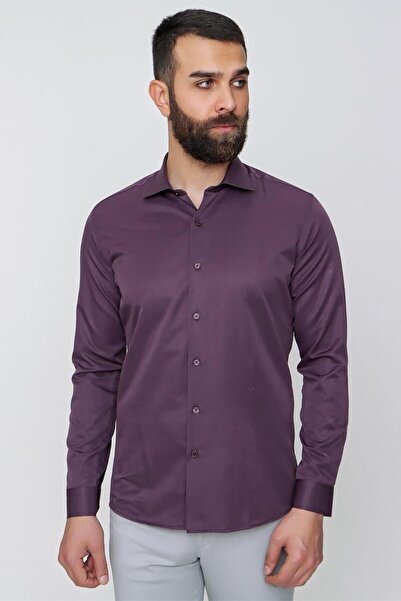 Efor Slim Fit Pamuk Saten Klasik Mor Gömlek Gk 604