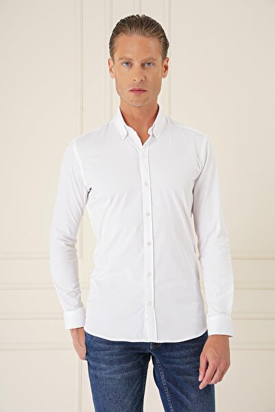 Efor Slim Fit Düğmeli Yaka Esnek Pamuk Klasik Beyaz Gömlek Gk 727