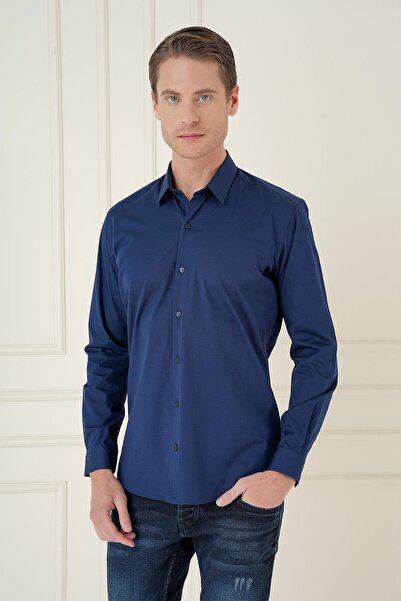 Efor Slim Fit Pamuk Uzun Kol Klasik Lacivert Gömlek Gk 745