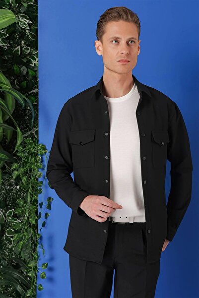 Efor Comfort Fit Yan Cep Çıtçıtlı Esnek Pamuk Siyah Gömlek Ceket G 1565