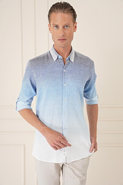 Efor Comfort Fit Apoletli Degrade Desen Esnek Pamuk Mavi Gömlek G 1575