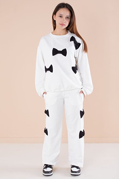 Cansın Mini Ecru Bow and Pearl Detailed Girl's Crew Neck 2-Piece Tracksuit Set 21203