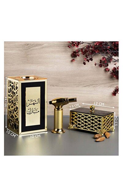 Story of candle An incense burner with a box for storing incense, bearing the phrase "Blessed Month," along with Maroki oud and a luxury lighter.