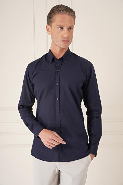 Efor Slim Fit Düğmeli Yaka Dokulu %100 Pamuk Klasik Lacivert Gömlek Gk 726