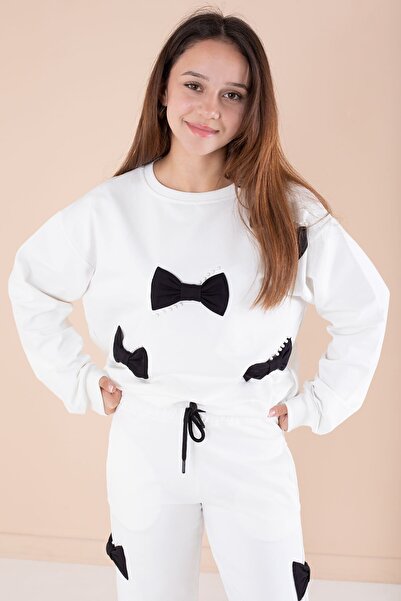 Cansın Mini Ecru Bow and Pearl Detailed Girl's Crew Neck 2-Piece Tracksuit Set 21203