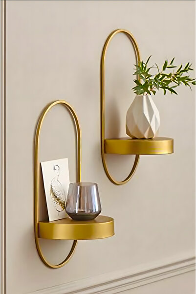 MetaQuartz Aksesuar Gold 2 adet Yeni Dekor Duvar Rafı - Modern Dekoratif METAL - Chakra Konsept - Duvar Rafı