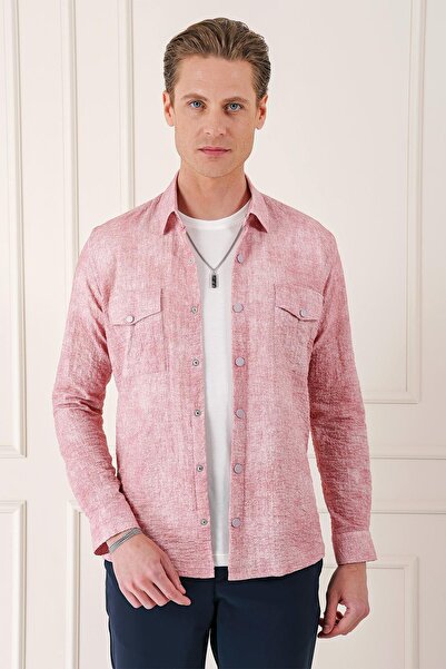 Efor Comfort Fit Yan Cep Batik Desenli %100 Pamuk Çıtçıtlı Pudra Gömlek Ceket G 1568
