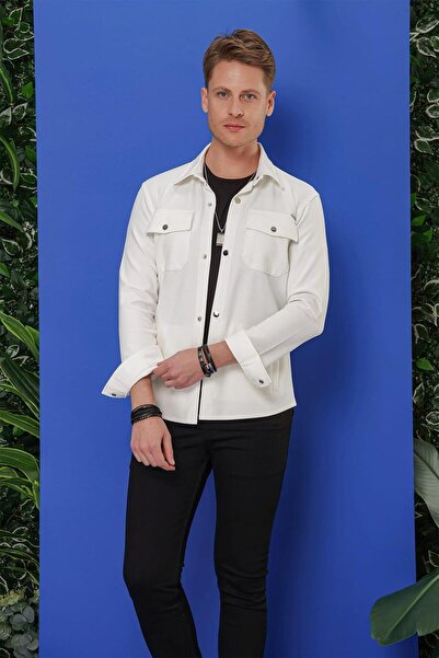 Efor Comfort Fit Kapaklı Cep Çıtçıtlı Esnek Pamuk Beyaz Gömlek Ceket G 1550