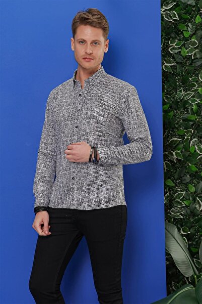 Efor G 1548 Slim Fit Beyaz-Siyah Klasik Gömlek