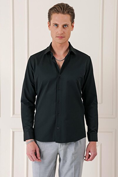 Efor Gk 718 Slim Fit Dokulu Pamuklu Klasik Siyah Gömlek