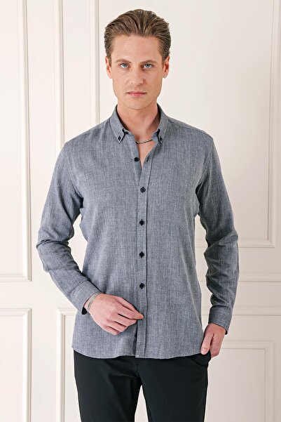 Efor Slim Fit Düğmeli Yaka %100 Pamuk Klasik Siyah Gömlek Gk 723