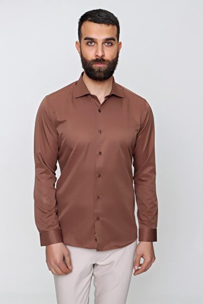 Efor Slim Fit Pamuk Saten Klasik Açık Kahve Gömlek Gk 604