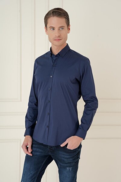 Efor Men's Slim Fit Buttoned Collar Flexible Classic Navy Blue Shirt Gk 746