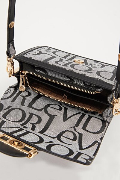 Levidor Black Text Printed Chain Detail Shoulder Bag