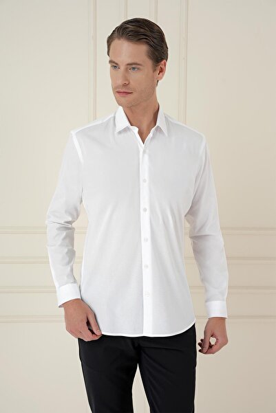 Efor Men's Slim Fit Cotton Long Sleeve Classic White Shirt Gk 745