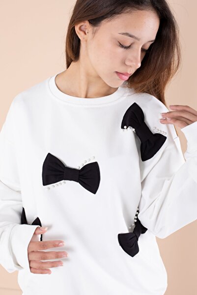 Cansın Mini Ecru Bow and Pearl Detailed Girl's Crew Neck 2-Piece Tracksuit Set 21203