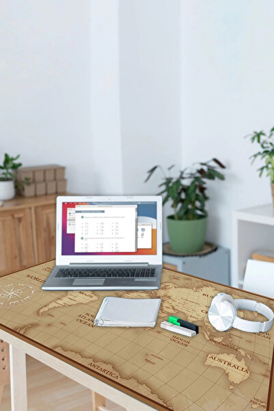 SonicTouch Vintage Retro Dünya Haritası Kaymaz Deri Dikişsiz Silinebilir Yıkanabilir Masa Matı Pad 70x140cm