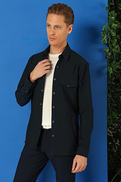 Efor Comfort Fit Yan Cep Çıtçıtlı Esnek Pamuk Lacivert Gömlek Ceket G 1565