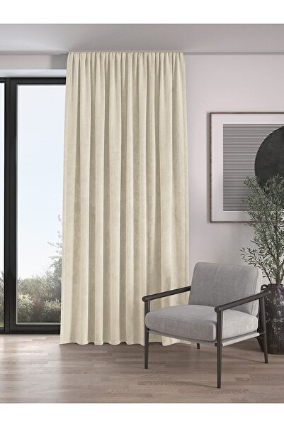 Demor Home Velvet Textured Extrafor Gathered Ivory Color High Quality Background Curtain Single Wing