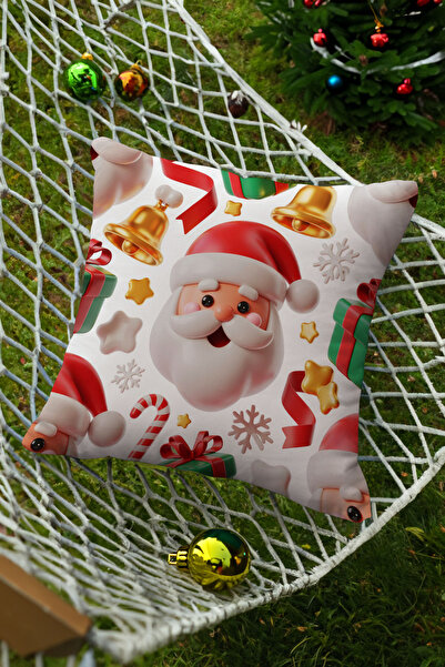 Ahsen Dekoratif Christmas Themed Santa Claus Theme White Patterned 4-Piece Digital Printed Gift Pillow Cushion Cover
