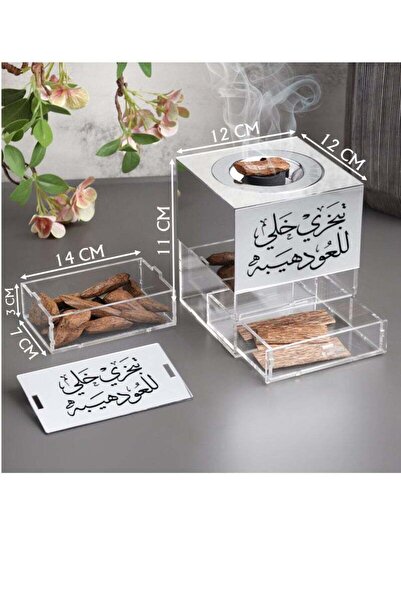 Story of candle Incense burner with a box for storing incense, featuring the phrase "Burn incense, let the oud have prestige," and Moroccan oud, made of glossy, transparent acrylic.