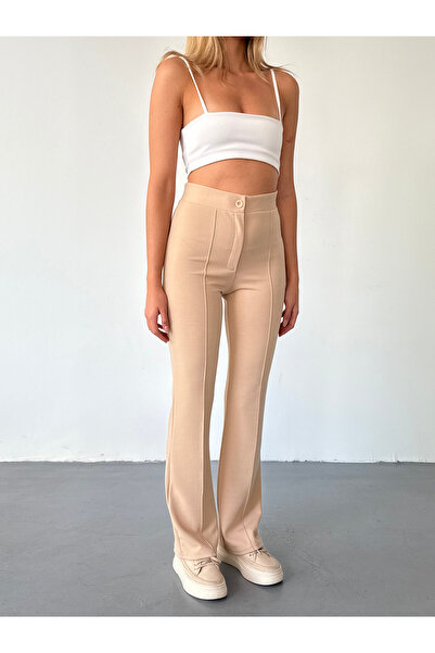 BEJNA Béžové žebrované dámské kalhoty Palazzo s vysokým pasem - rozšířená noha
