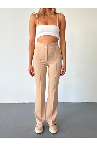BEJNA Béžové žebrované dámské kalhoty Palazzo s vysokým pasem - rozšířená noha
