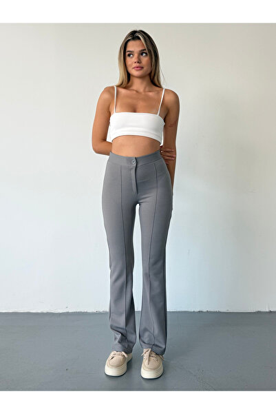 BEJNA Šedé žebrované dámské kalhoty Palazzo s vysokým pasem - rozšířená noha