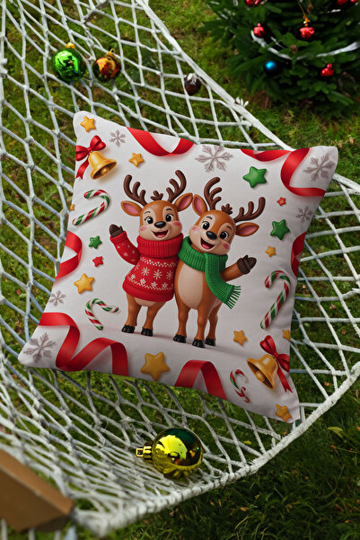 Ahsen Dekoratif Christmas Themed Red and White Stylish Deer Patterned 4-Piece Digital Printed Gift Pillow Cushion Cover