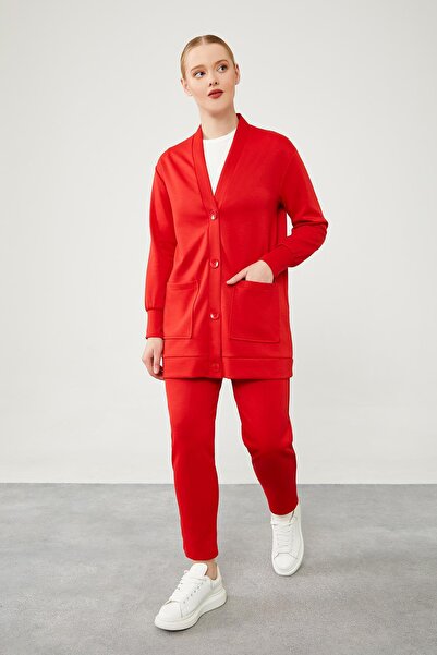 Levidor Red Button Closure Pants Cardigan Set