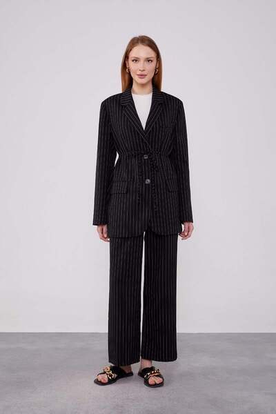 Levidor Black Belted Striped Trouser Suit