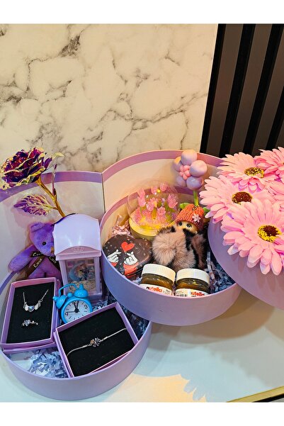 HEDİYEVİM Mor 3 katlı hediye kutusu kelebek buket hediye seti