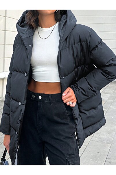 ÖNDER MODA Women's Black Monica Regular Cut Long Front Button Filled Waterproof Fabric Hooded Coat Tbg094