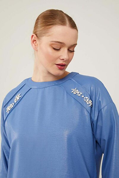 Levidor Indigo Front Stone Embroidered Wide Trousers Tunic Suit