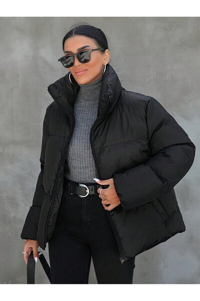 ÖNDER MODA Women's Black Owersize Filled Inflatable Waterproof Coat Tbg069