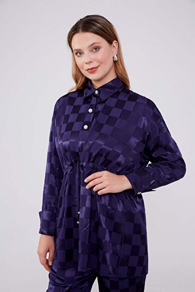 Levidor Jacquard Checkerboard Patterned Navy Blue Double Set