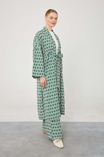 Levidor Green Patterned Linen Belt Tied Kimono Set