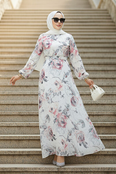 Neva Style Φόρεμα Hijab Μπεζ με Floral σχέδιο 27986BGR