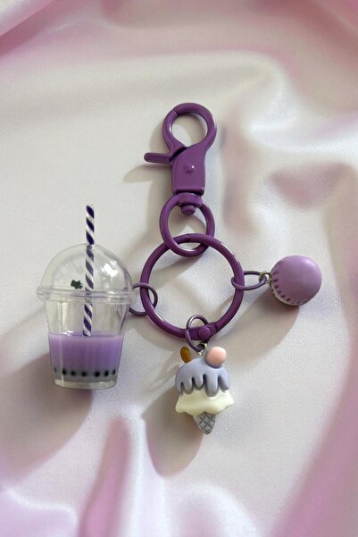 Fivy Charm pentru geantă cu detaliu de hamburger, bubble tea și înghețată de culoare violetă, breloc