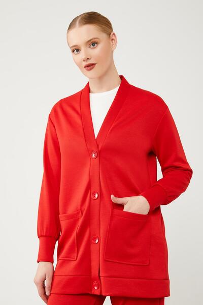 Levidor Red Button Closure Pants Cardigan Set