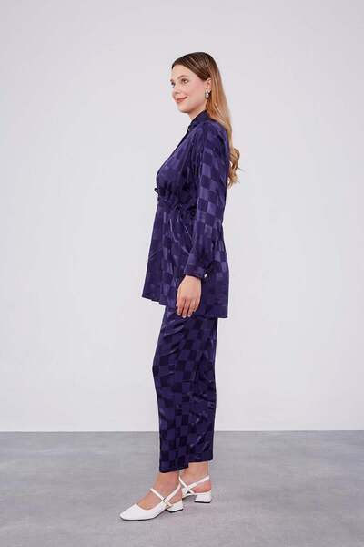 Levidor Jacquard Checkerboard Patterned Navy Blue Double Set