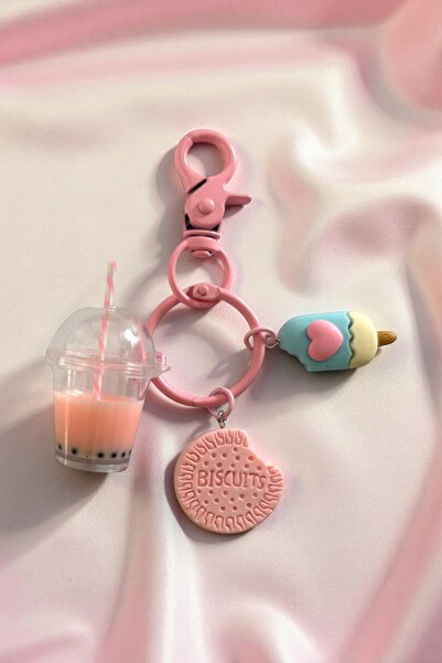 Fivy Soft Pembe Renk Kurabiye ve Bubble Tea Detaylı Çanta Charmı, Anahtarlık