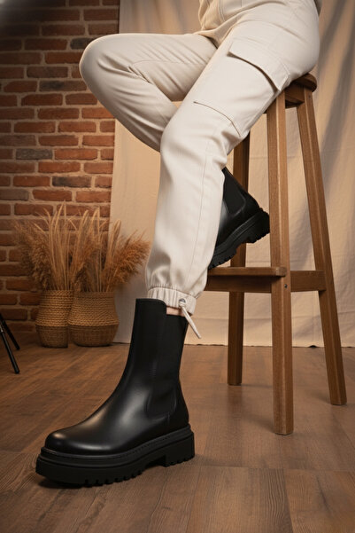 marinarosse Kadın Praga Siyah Cilt Dikişli Yandan Lastikli Kalın Taban Günlük Bot & Bootie