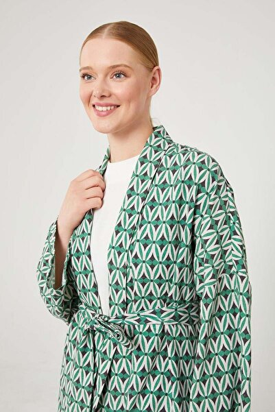 Levidor Green Patterned Linen Belt Tied Kimono Set
